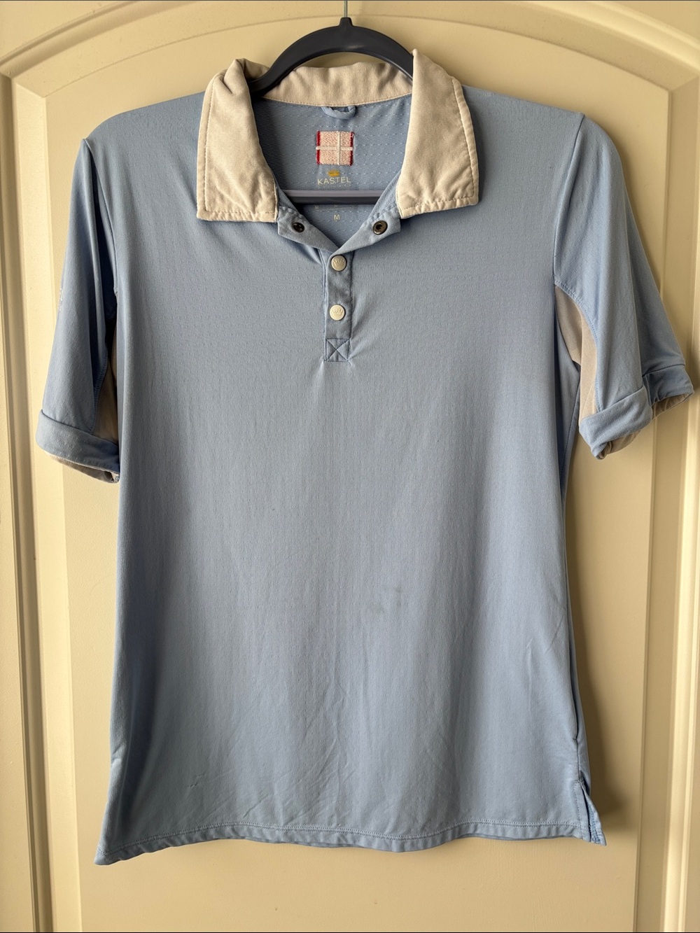 Kastel Denmark Ladies’ Short Sleeve Button Up Polo Sunshirt- M- Baby Blue/White